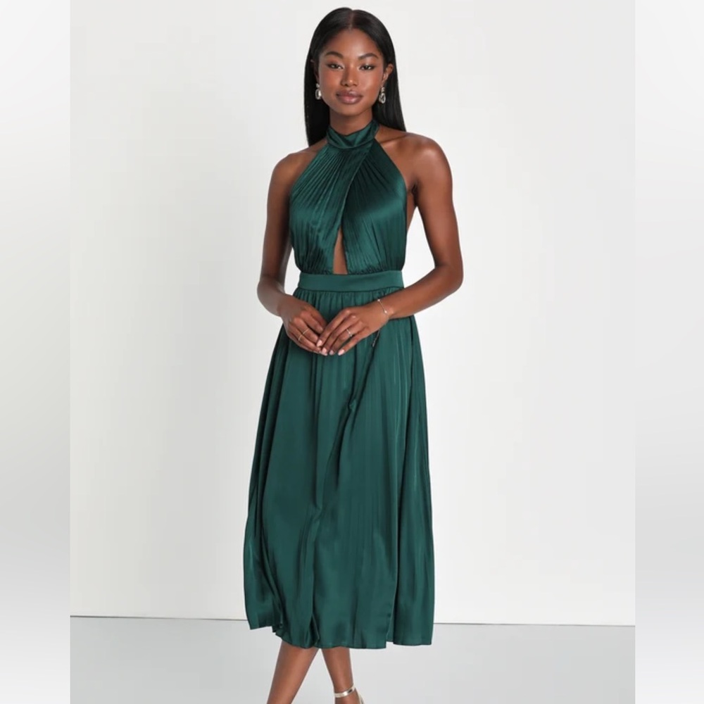 green pleated halter neck dress Lulus | Dresses | Totally Charming Emerald Satin Midi Tea dress